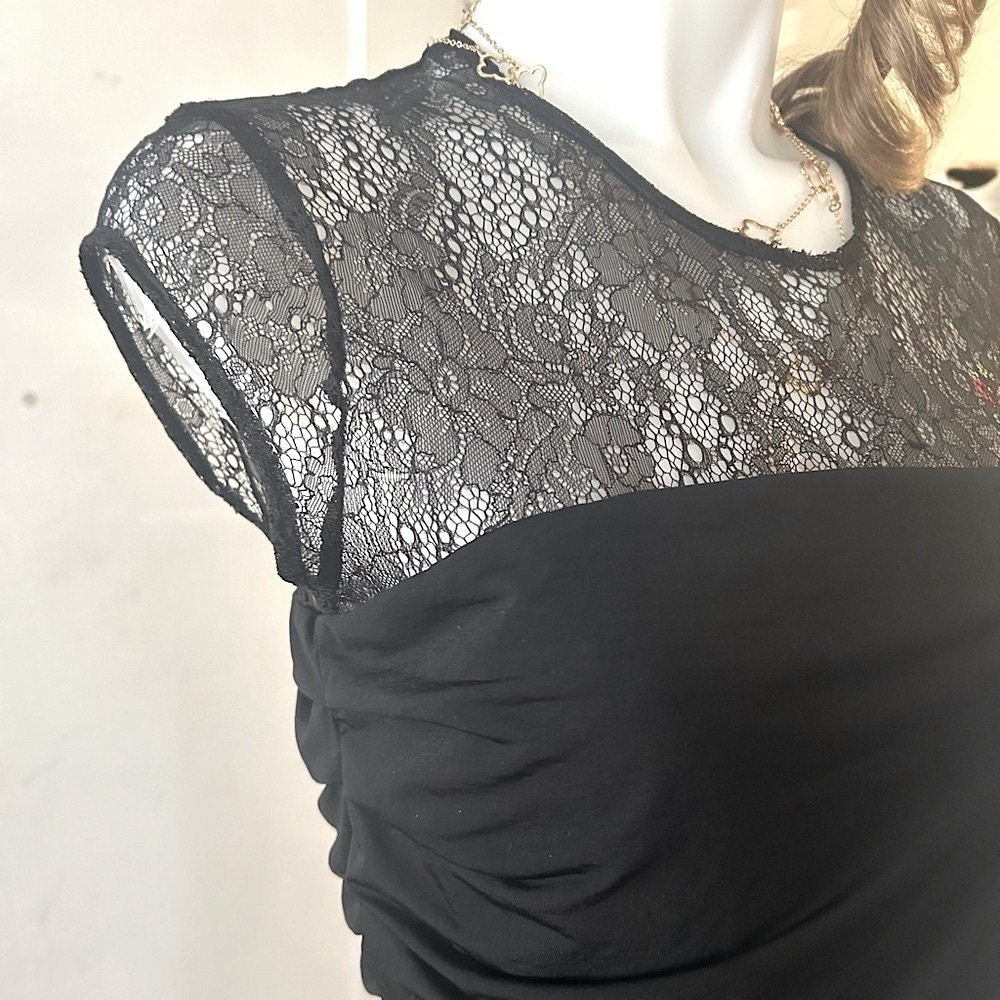 IRO Black Mini Dress Size Medium Crew Neck Cap Sleeve Lace Trim - Picture 15 of 16